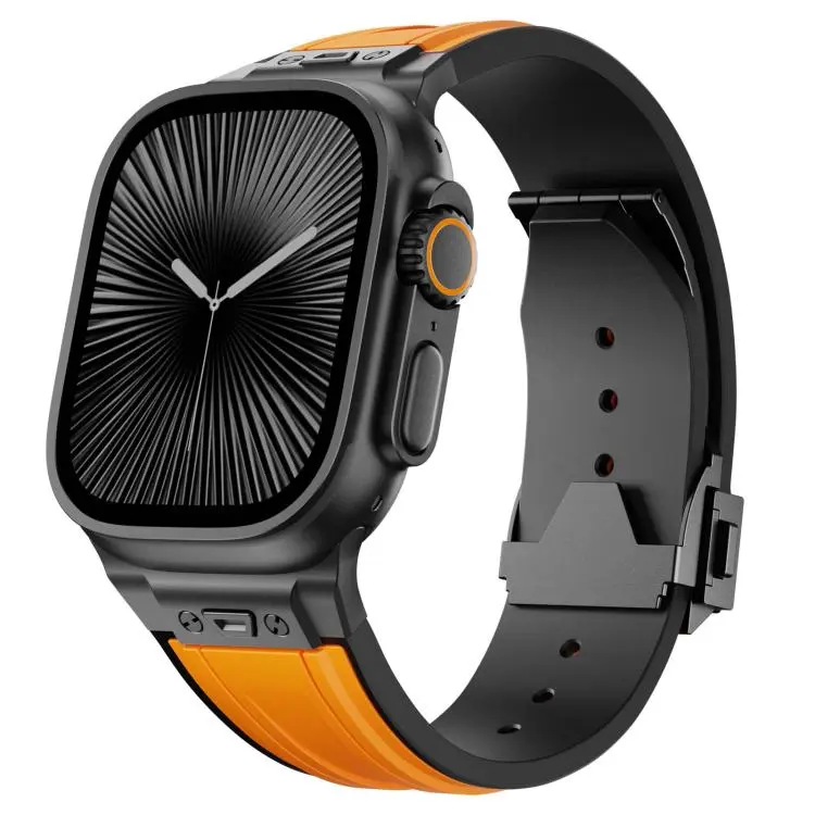 For Apple Watch 46mm / 49mm / 45mm / 44mm I-shaped Nail Folding Buckle Two Color Silicone Watch Band(Black Orange)