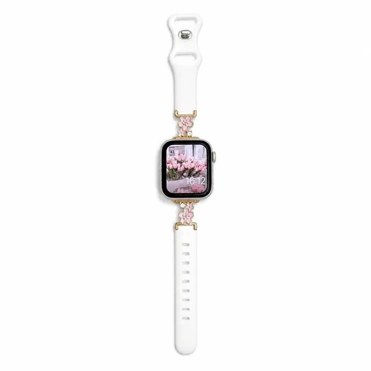 For Apple Watch 46mm / 49mm / 45mm / 44mm Metal Floral Hybrid Reverse Clasp Silicone Watch Band(Pink Gold+White)