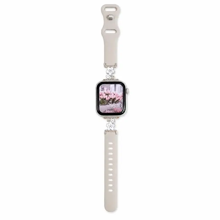 For Apple Watch 46mm / 49mm / 45mm / 44mm Metal Floral Hybrid Reverse Clasp Silicone Watch Band(Silver White+Starlight)