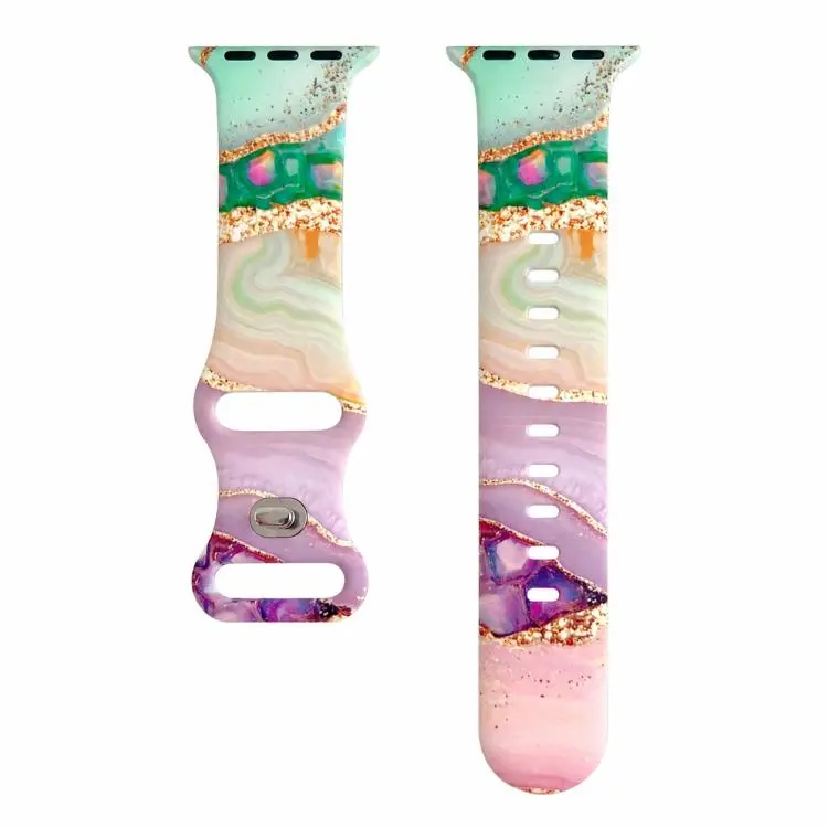 For Apple Watch 46mm / 49mm / 45mm / 44mm Painted Marble Print Reverse Buckle Silicone Watch Band(Purple Green)