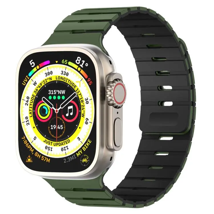For Apple Watch 46mm / 49mm / 45mm / 44mm Piano Key Design Dual Color Magnetic Silicone Watch Band(Army Green Black)