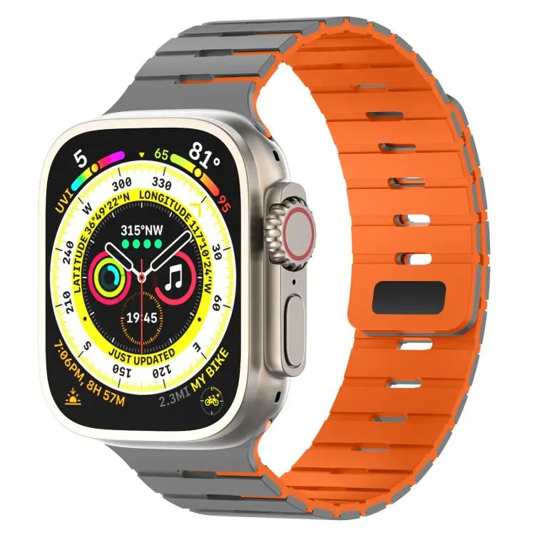 For Apple Watch 46mm / 49mm / 45mm / 44mm Piano Key Design Dual Color Magnetic Silicone Watch Band(Gray Orange)