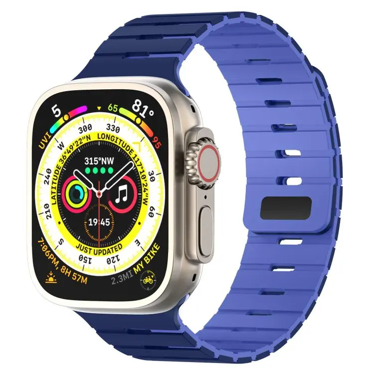 For Apple Watch 46mm / 49mm / 45mm / 44mm Piano Key Design Dual Color Magnetic Silicone Watch Band(Light Dark Navy Blue)