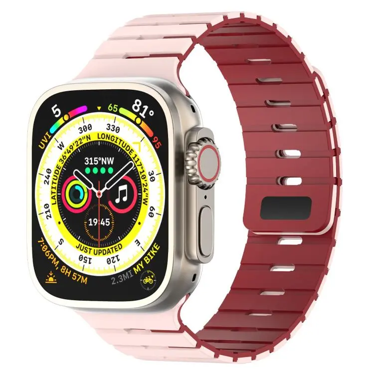 For Apple Watch 46mm / 49mm / 45mm / 44mm Piano Key Design Dual Color Magnetic Silicone Watch Band(Light Pink Light Red)