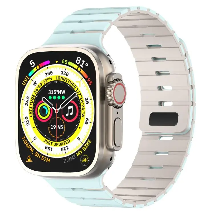 For Apple Watch 46mm / 49mm / 45mm / 44mm Piano Key Design Dual Color Magnetic Silicone Watch Band(Mint Green Starlight)