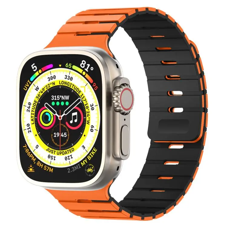 For Apple Watch 46mm / 49mm / 45mm / 44mm Piano Key Design Dual Color Magnetic Silicone Watch Band(Orange Black)