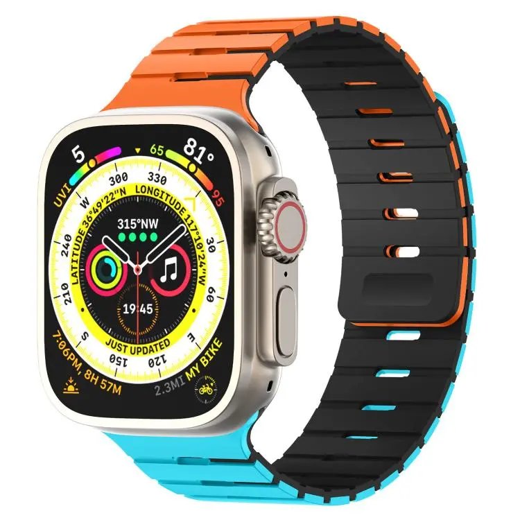 For Apple Watch 46mm / 49mm / 45mm / 44mm Piano Key Design Dual Color Magnetic Silicone Watch Band(Orange Blue Black)