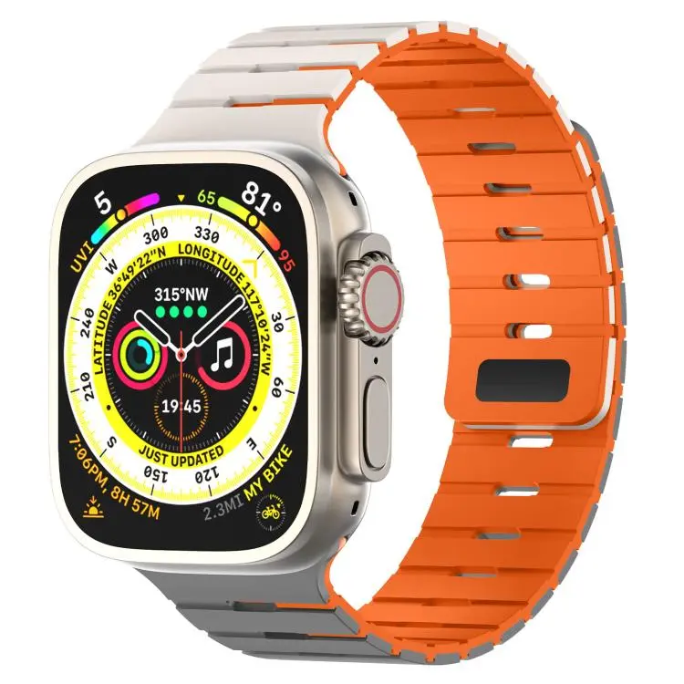 For Apple Watch 46mm / 49mm / 45mm / 44mm Piano Key Design Dual Color Magnetic Silicone Watch Band(Starlight Gray Orange)
