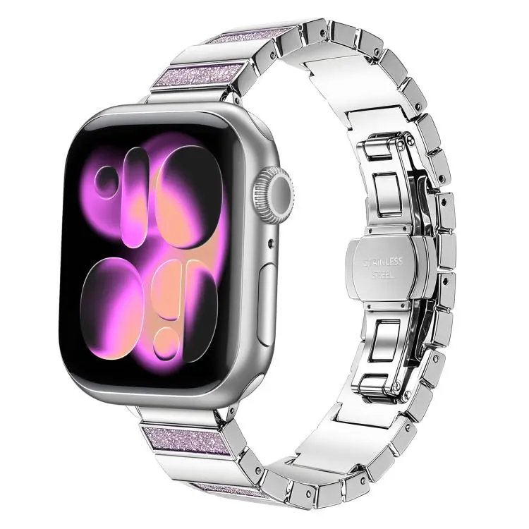 For Apple Watch 46mm / 49mm / 45mm / 44mm Piano Key Design Stainless Steel Folding Clasp Metal Watch Band(Glitter Pink)