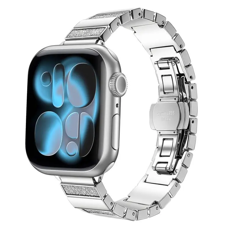 For Apple Watch 46mm / 49mm / 45mm / 44mm Piano Key Design Stainless Steel Folding Clasp Metal Watch Band(Glitter Silver)