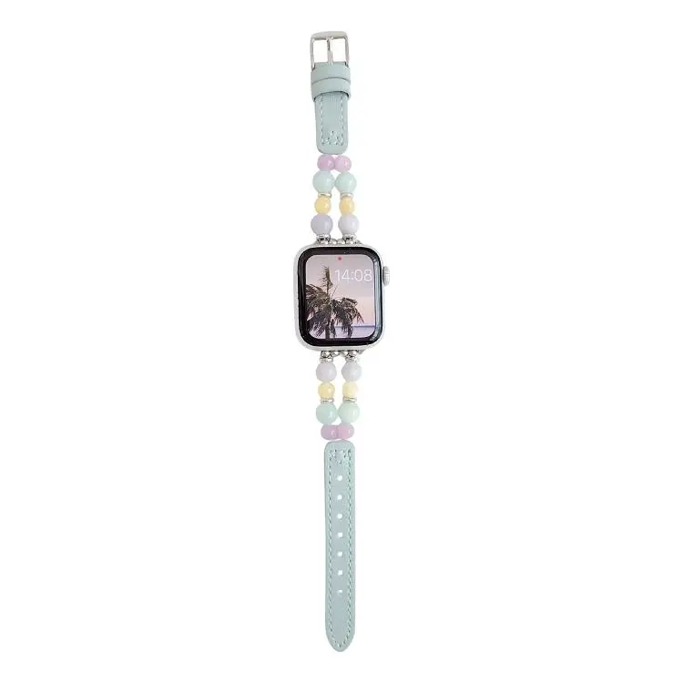 For Apple Watch 46mm / 49mm / 45mm / 44mm Rainbow Candy Beaded Hybrid Vegan Leather Watch Band(Mint Blue)