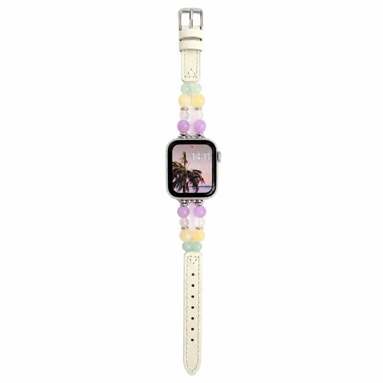 For Apple Watch 46mm / 49mm / 45mm / 44mm Rainbow Candy Beaded Hybrid Vegan Leather Watch Band(White)