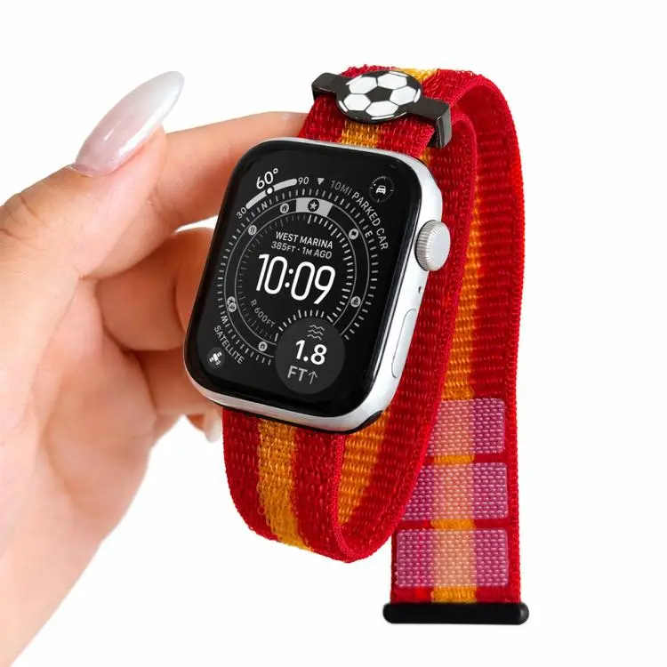 For Apple Watch 46mm / 49mm / 45mm / 44mm Soccer Series Nylon Hook and Loop Fastener Watch Band(Red Yellow Red)
