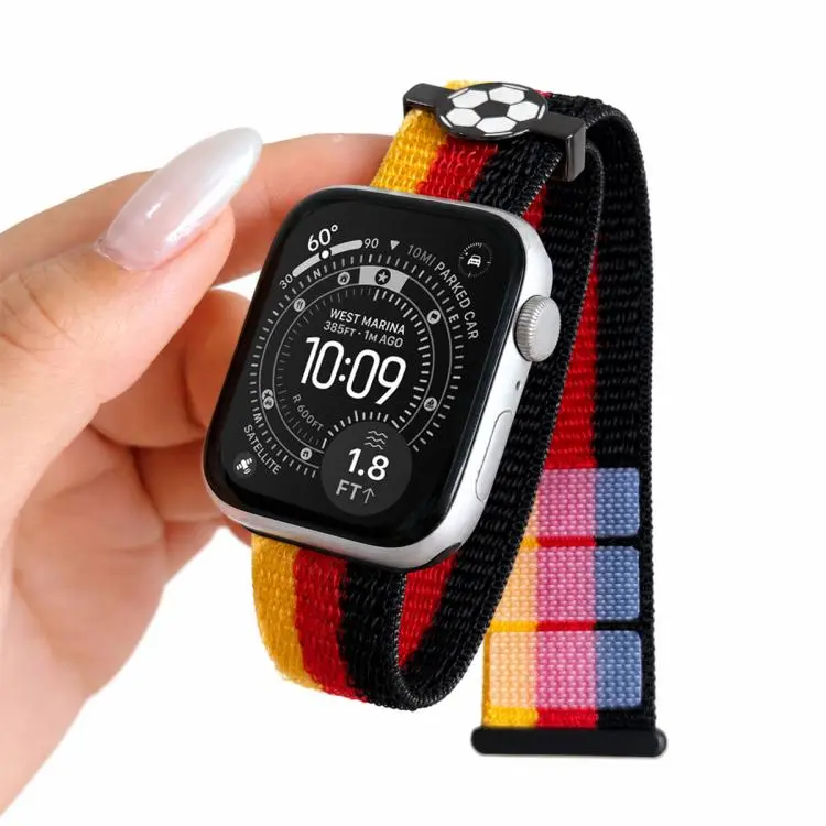 For Apple Watch 46mm / 49mm / 45mm / 44mm Soccer Series Nylon Hook and Loop Fastener Watch Band(Yellow Red Black)
