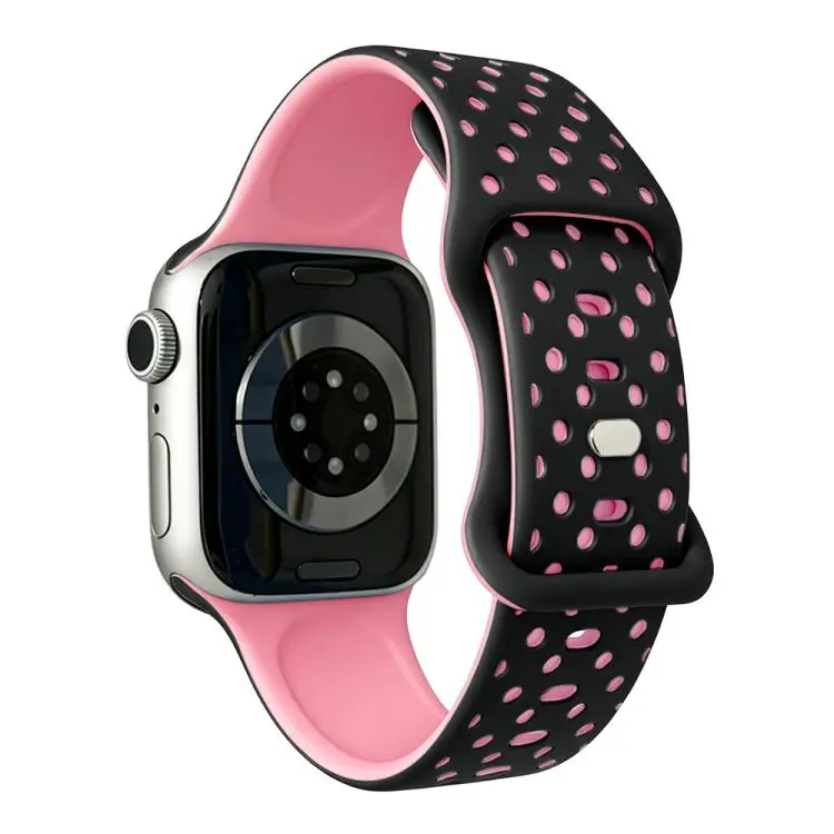 For Apple Watch 46mm / 49mm / 45mm / 44mm Star-Shaped Dot Pattern Butterfly Clasp Silicone Watch Band(Black Rose Pink)