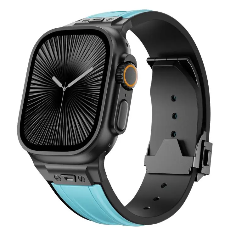 For Apple Watch 46mm / 49mm / 45mm / 44mm Straight Shaped Nail Folding Buckle Two Color Silicone Watch Band(Black Blue)