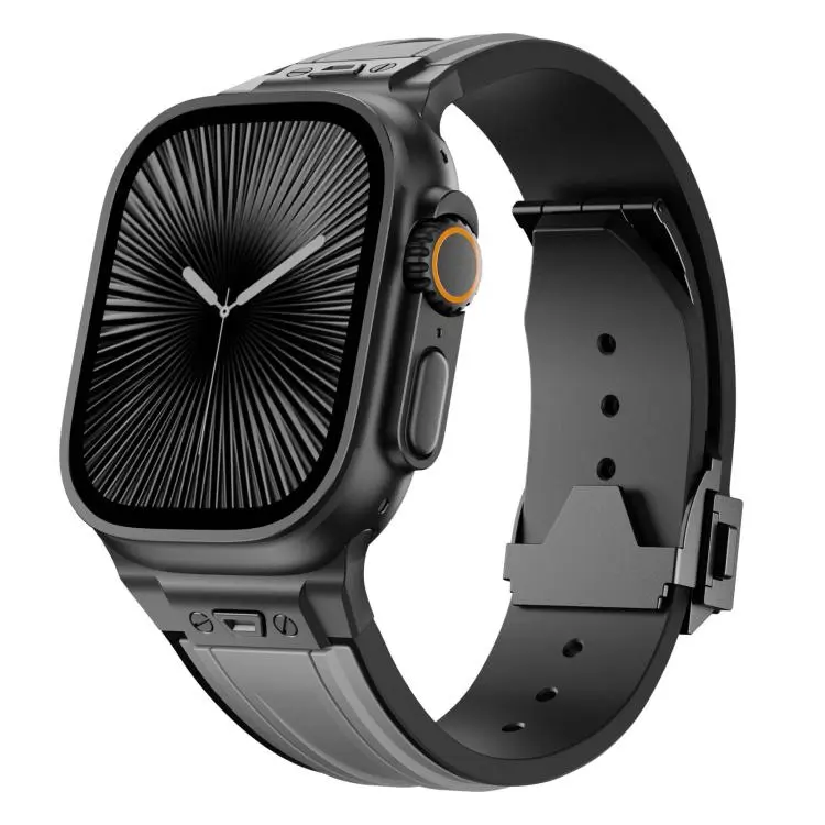 For Apple Watch 46mm / 49mm / 45mm / 44mm Straight Shaped Nail Folding Buckle Two Color Silicone Watch Band(Black Gray)