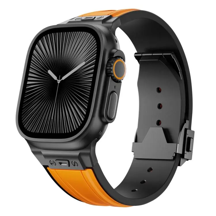 For Apple Watch 46mm / 49mm / 45mm / 44mm Straight Shaped Nail Folding Buckle Two Color Silicone Watch Band(Black Orange)