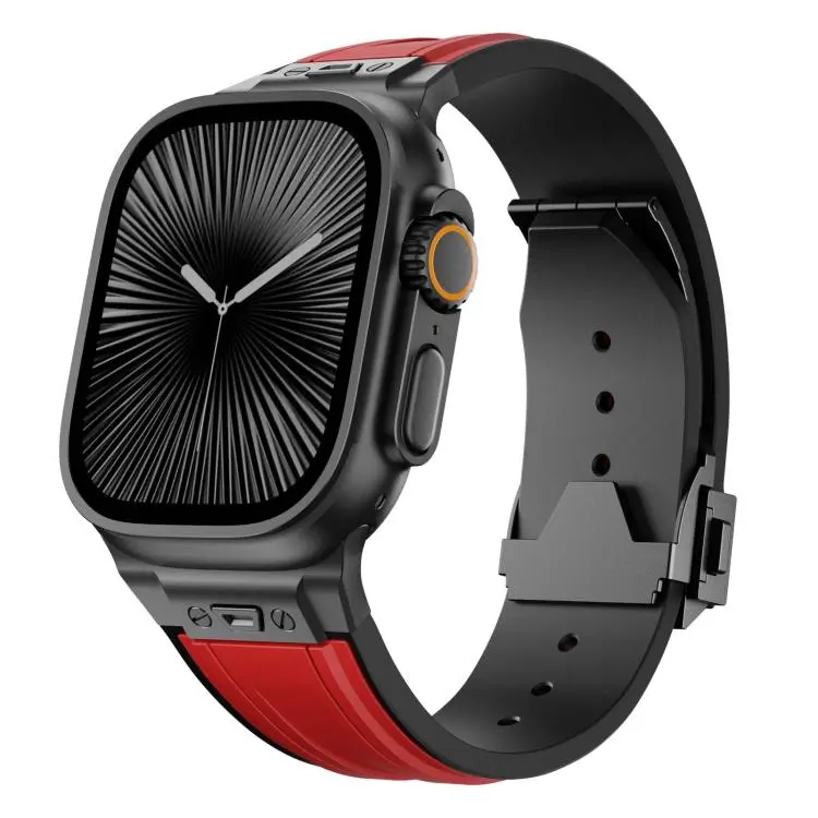 For Apple Watch 46mm / 49mm / 45mm / 44mm Straight Shaped Nail Folding Buckle Two Color Silicone Watch Band(Black Red)