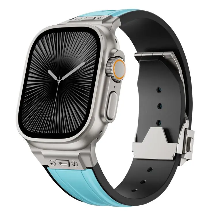 For Apple Watch 46mm / 49mm / 45mm / 44mm Straight Shaped Nail Folding Buckle Two Color Silicone Watch Band(Titanium Blue)