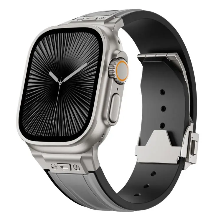 For Apple Watch 46mm / 49mm / 45mm / 44mm Straight Shaped Nail Folding Buckle Two Color Silicone Watch Band(Titanium Gray)