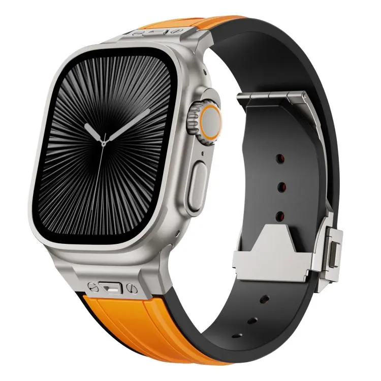 For Apple Watch 46mm / 49mm / 45mm / 44mm Straight Shaped Nail Folding Buckle Two Color Silicone Watch Band(Titanium Orange)