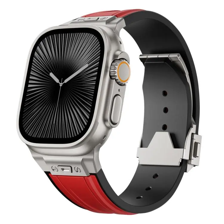For Apple Watch 46mm / 49mm / 45mm / 44mm Straight Shaped Nail Folding Buckle Two Color Silicone Watch Band(Titanium Red)