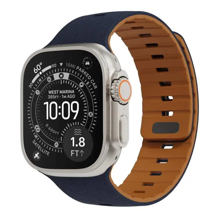 For Apple Watch 46mm / 49mm / 45mm / 44mm Sunray Textured Nail Clasp Magnetic Silicone Watch Band(Indigo Brown)