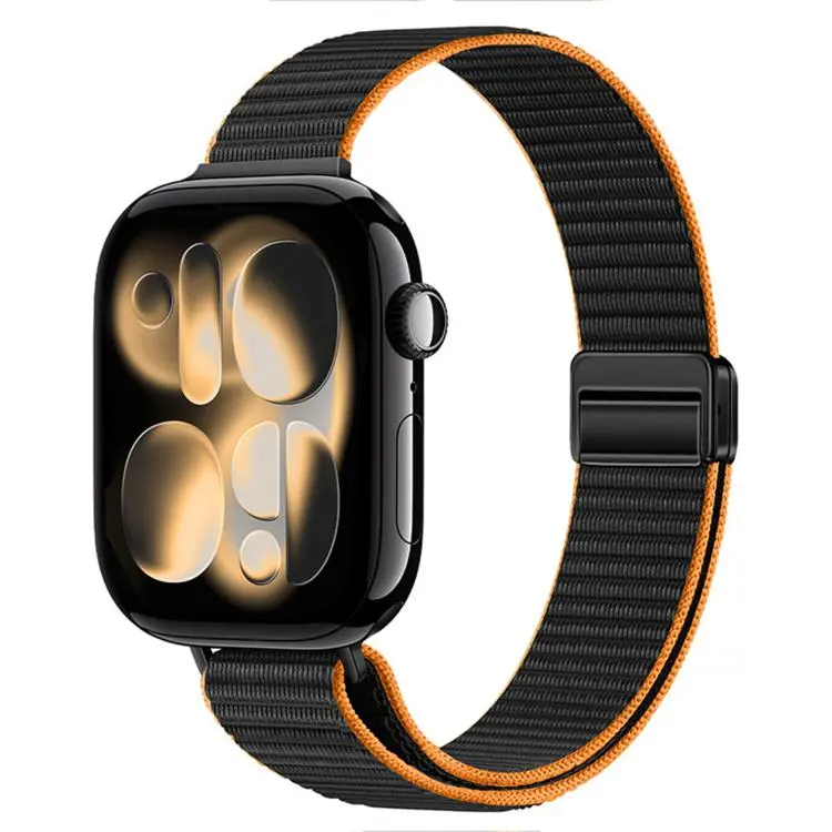 For Apple Watch 49mm / 46mm / 45mm / 44mm Slim Dual Magnetic Clasp Nylon Loop Watch Band(Black Orange)