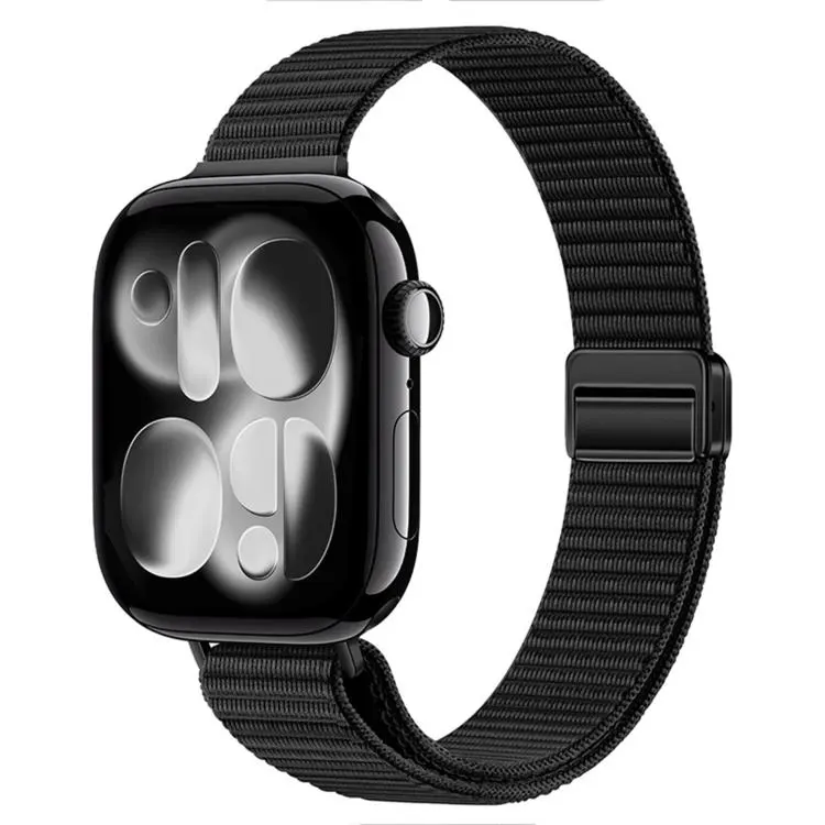 For Apple Watch 49mm / 46mm / 45mm / 44mm Slim Dual Magnetic Clasp Nylon Loop Watch Band(Black)