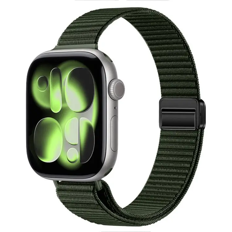 For Apple Watch 49mm / 46mm / 45mm / 44mm Slim Dual Magnetic Clasp Nylon Loop Watch Band(Emerald)