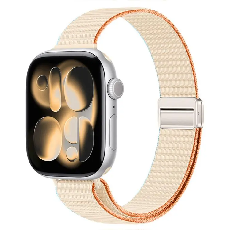 For Apple Watch 49mm / 46mm / 45mm / 44mm Slim Dual Magnetic Clasp Nylon Loop Watch Band(Milky White Orange)