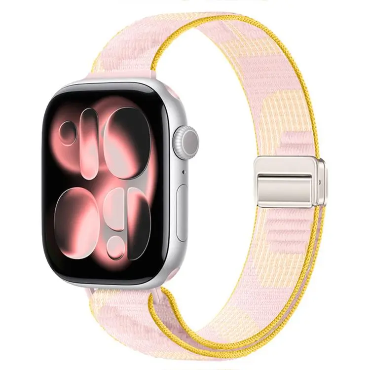 For Apple Watch 49mm / 46mm / 45mm / 44mm Slim Dual Magnetic Clasp Nylon Loop Watch Band(Pink)