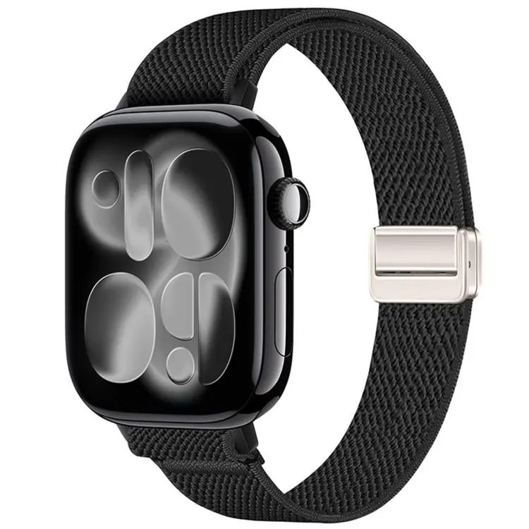 For Apple Watch 49mm / 46mm / 45mm / 44mm Slim Magnetic Buckle Elastic Nylon Watch Band(Black)