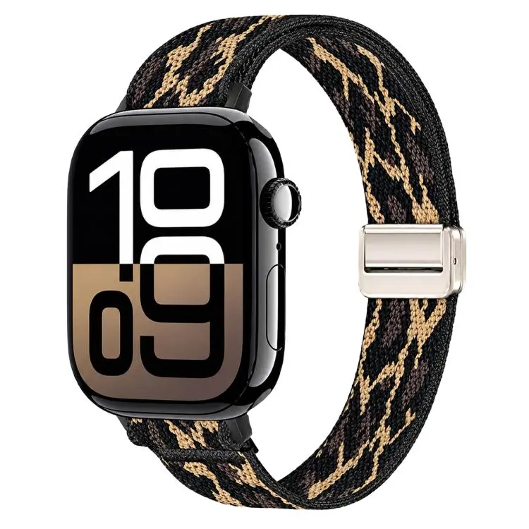 For Apple Watch 49mm / 46mm / 45mm / 44mm Slim Magnetic Buckle Elastic Nylon Watch Band(Yellow Leopard Pattern)