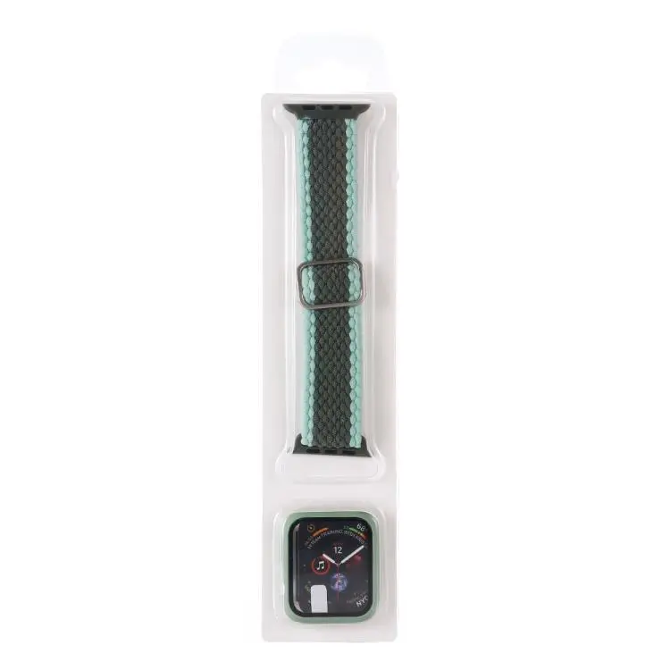 For Apple Watch Series 11 / 10 46mm Adjustable Striped Woven Nylon Watch Band + Watch Case Set(Army Green)