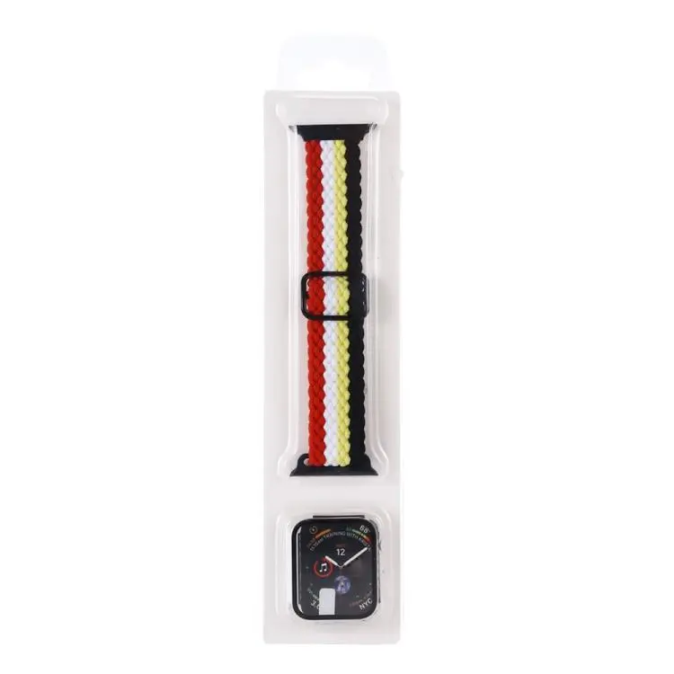 For Apple Watch Series 11 / 10 46mm Adjustable Striped Woven Nylon Watch Band + Watch Case Set(Black Yellow White Red)