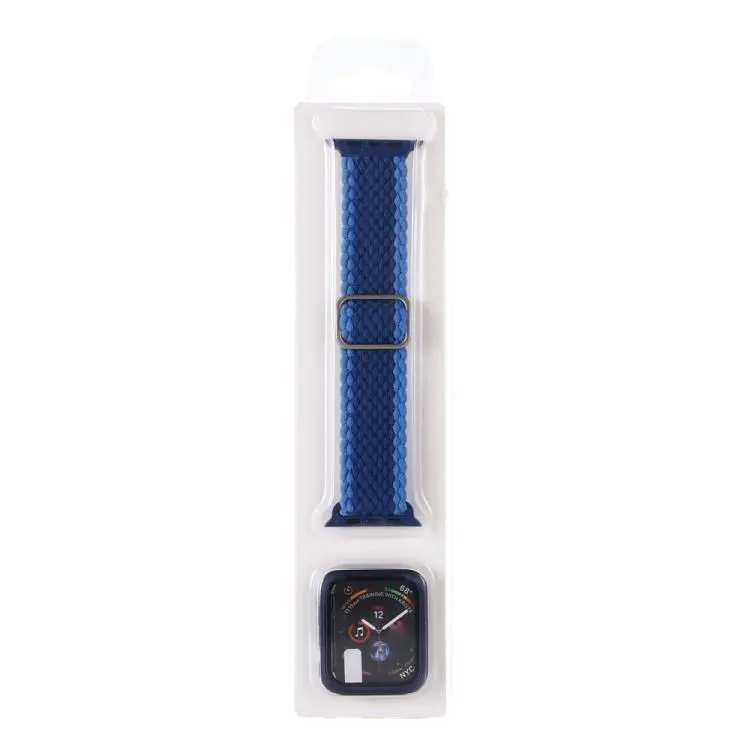 For Apple Watch Series 11 / 10 46mm Adjustable Striped Woven Nylon Watch Band + Watch Case Set(Blue)