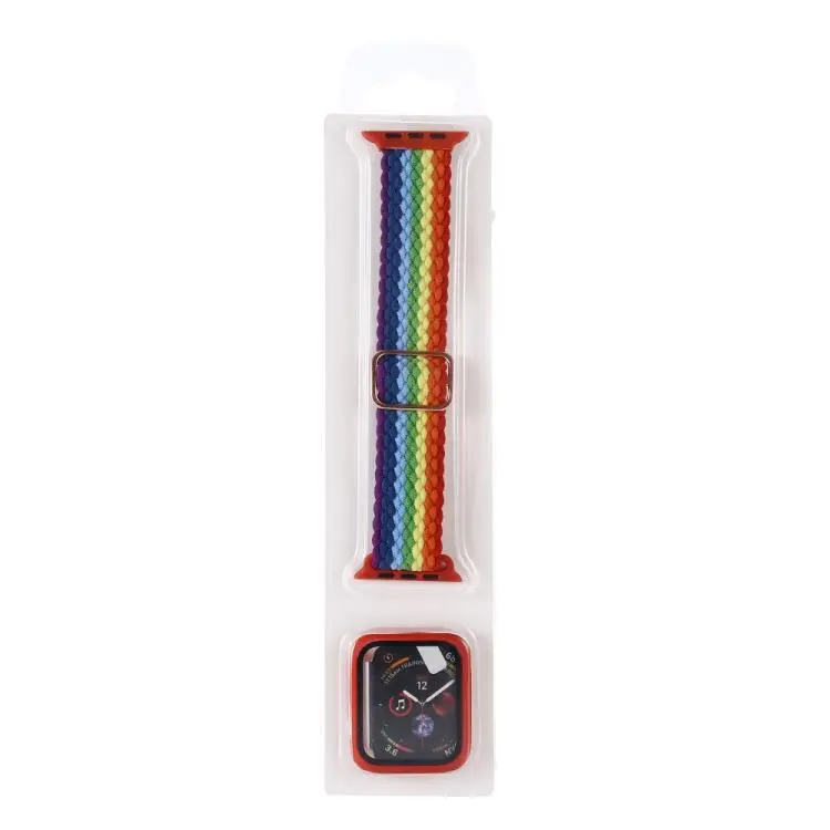 For Apple Watch Series 11 / 10 46mm Adjustable Striped Woven Nylon Watch Band + Watch Case Set(Colorful)