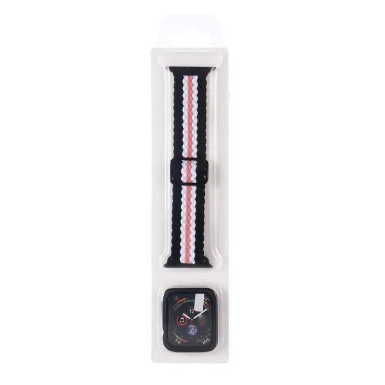 For Apple Watch Series 6 / 5 / 4 / SE 40mm Adjustable Striped Woven Nylon Watch Band + Watch Case Set(Black White Pink)