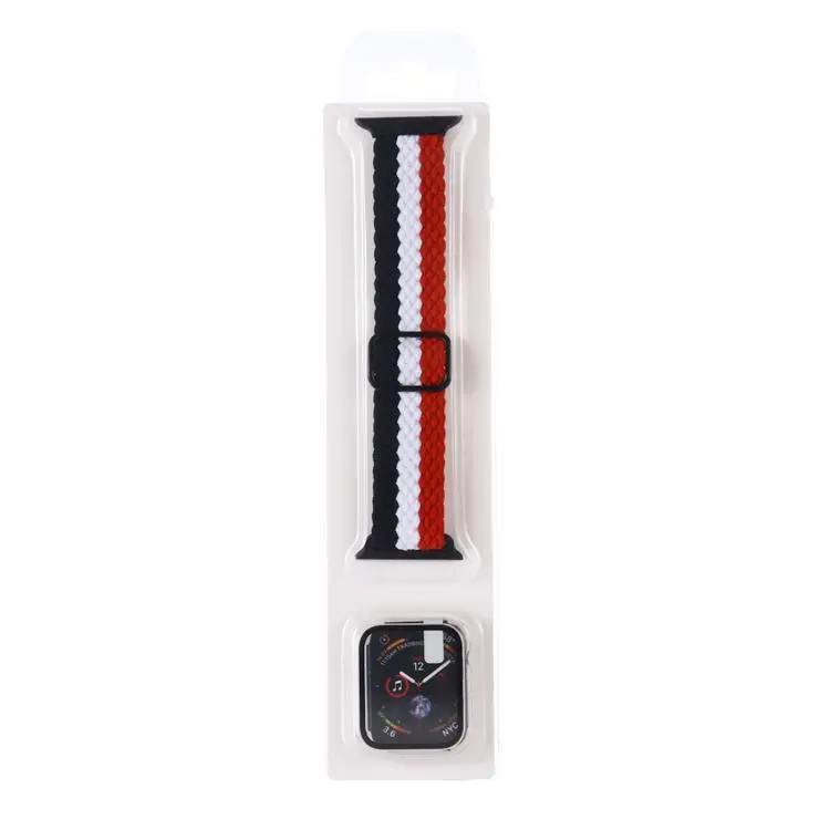 For Apple Watch Series 6 / 5 / 4 / SE 44mm Adjustable Striped Woven Nylon Watch Band + Watch Case Set(Black Red White)