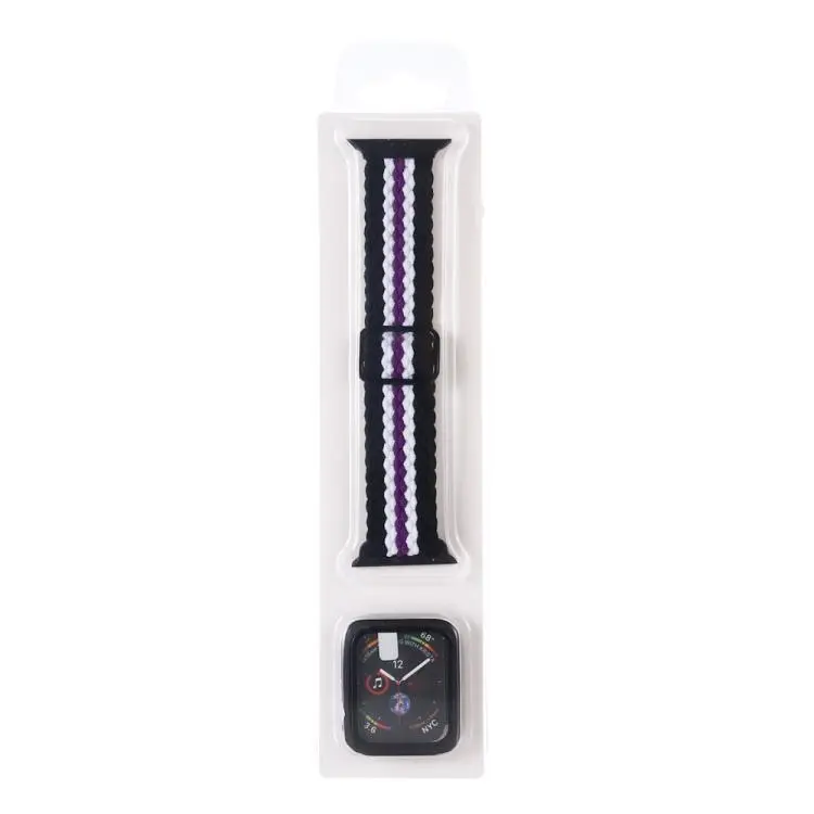 For Apple Watch Series 6 / 5 / 4 / SE 44mm Adjustable Striped Woven Nylon Watch Band + Watch Case Set(Black White Purple)