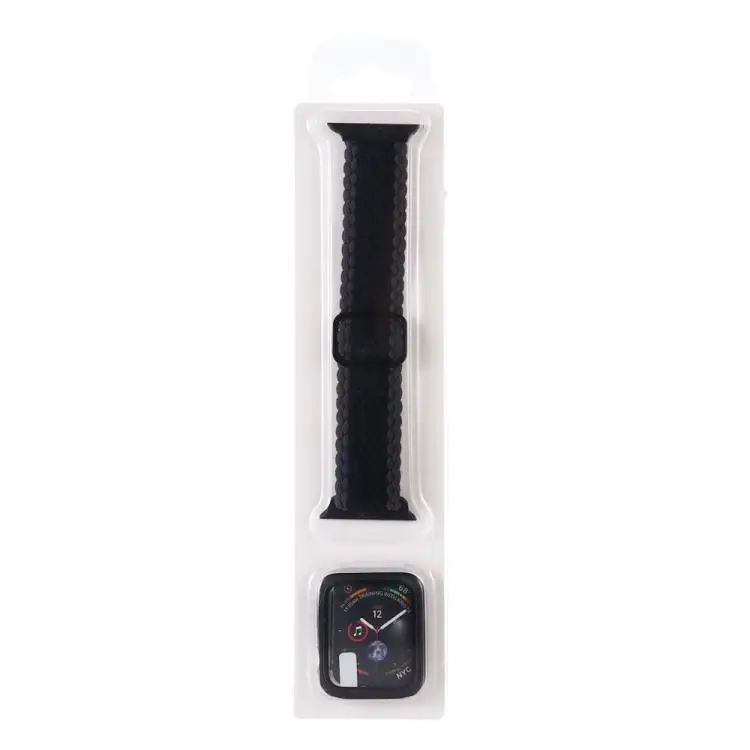 For Apple Watch Series 6 / 5 / 4 / SE 44mm Adjustable Striped Woven Nylon Watch Band + Watch Case Set(Black)