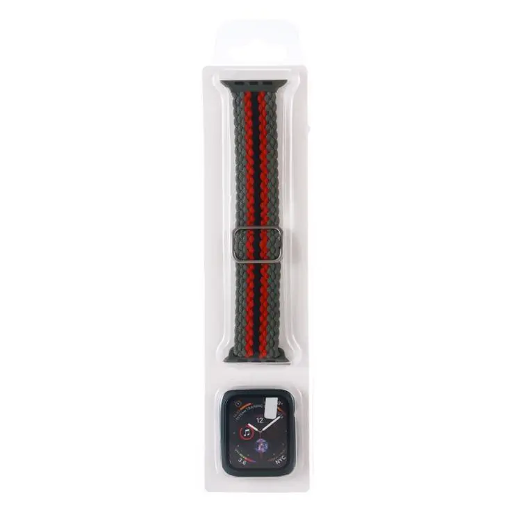 For Apple Watch Series 6 / 5 / 4 / SE 44mm Adjustable Striped Woven Nylon Watch Band + Watch Case Set(Green Red Black)
