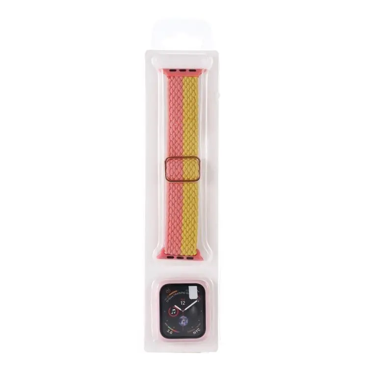 For Apple Watch Series 6 / 5 / 4 / SE 44mm Adjustable Striped Woven Nylon Watch Band + Watch Case Set(Pink Yellow)