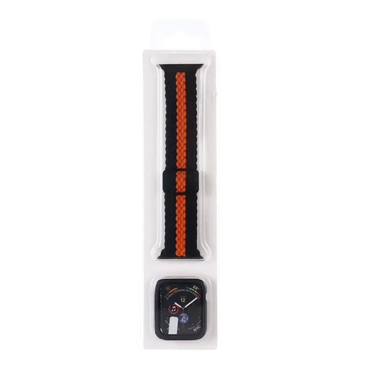 For Apple Watch Series 9 / 8 / 7 41mm Adjustable Striped Woven Nylon Watch Band + Watch Case Set(Black Orange)