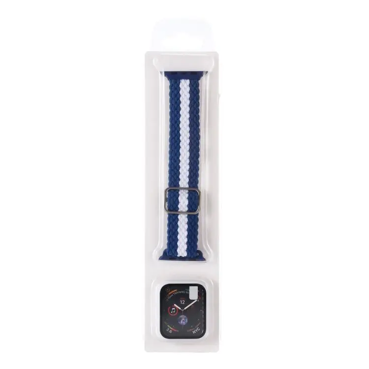 For Apple Watch Series 9 / 8 / 7 41mm Adjustable Striped Woven Nylon Watch Band + Watch Case Set(Blue White)