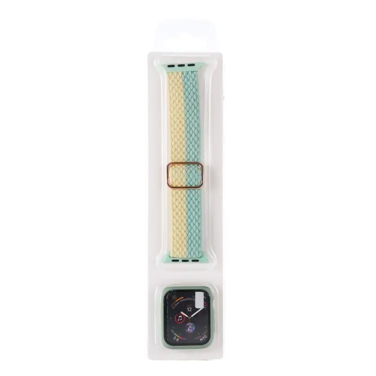 For Apple Watch Series 9 / 8 / 7 41mm Adjustable Striped Woven Nylon Watch Band + Watch Case Set(Pink Green)
