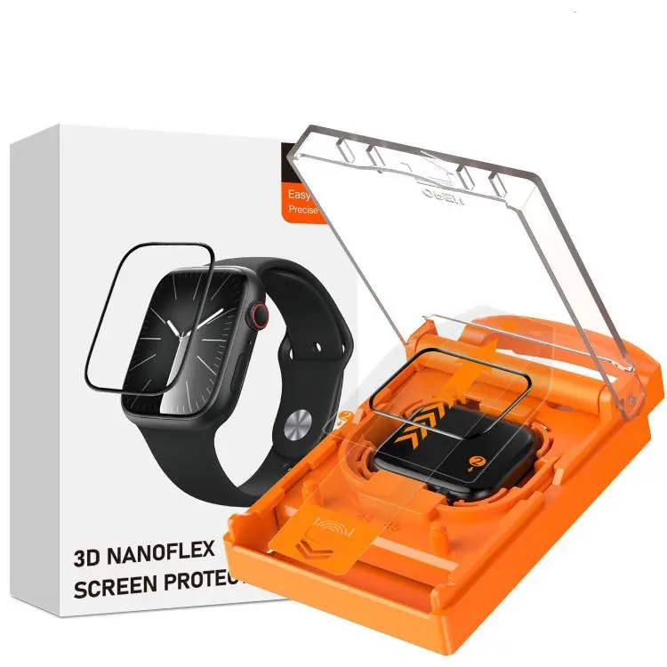 For Apple Watch Series 9 / 8 / 7 41mm Easy Install Box Dust-Free Screen-printed Tempered Glass Film(Transparent + Black Edge)