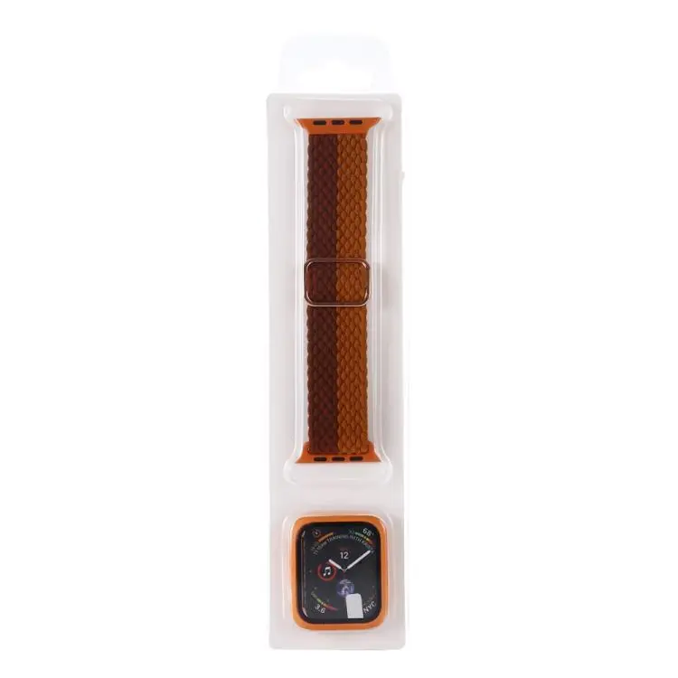 For Apple Watch Series 9 / 8 / 7 45mm Adjustable Striped Woven Nylon Watch Band + Watch Case Set(Coffee)